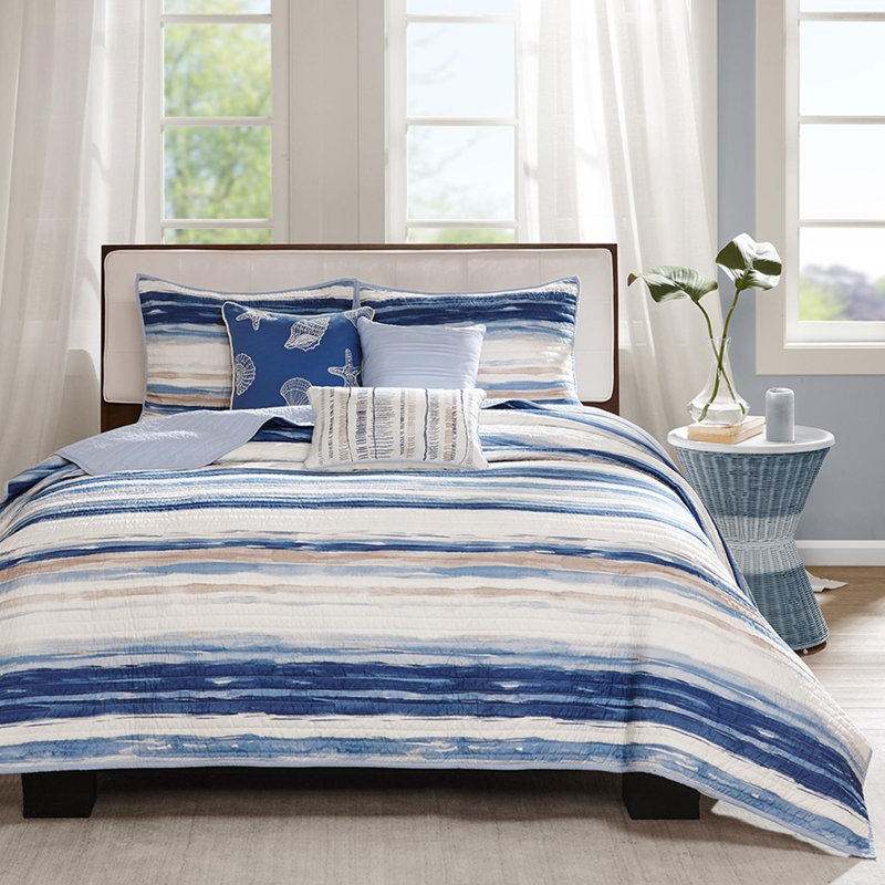 Polyester Printed Reversible Quilt Set of 6, Blue, Full / Double Quilt + 5 Additional Pieces
