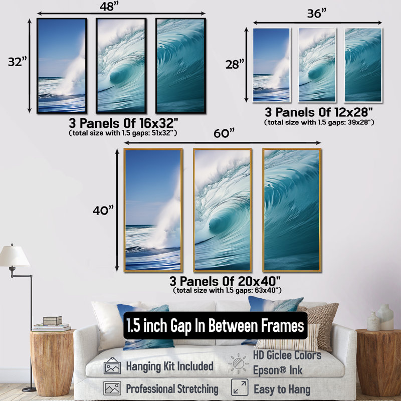 «Turquoise Power of Ocean Wave III», ensemble d'art mural sur toile côtière, Cadre flottant doré, H 32 po x l 48 po x P 1 po