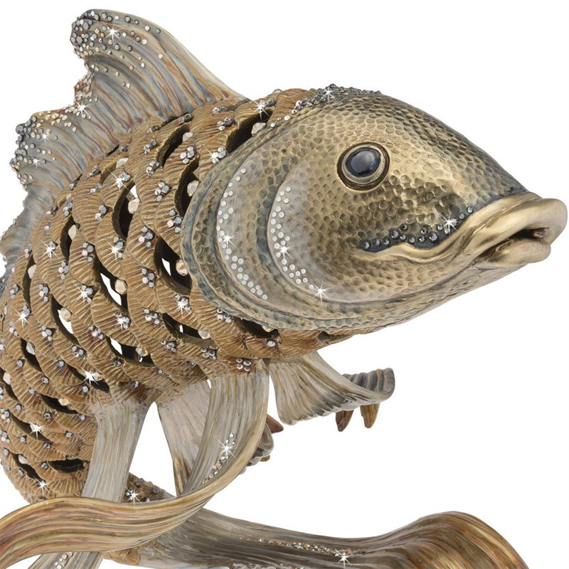 Handcrafted Brass Plated Koi Fish Figurine with Crystals