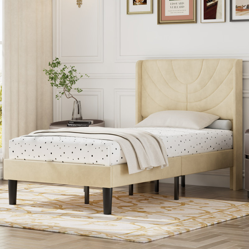 Twin Size Velvet Bed Frame with Wingback Headboard, Upholstered Platform Bed with Wing Side Channel Tufted Headboard, Solid Wooden Slats Support, No Box Spring Needed, Noise Free, Beige
