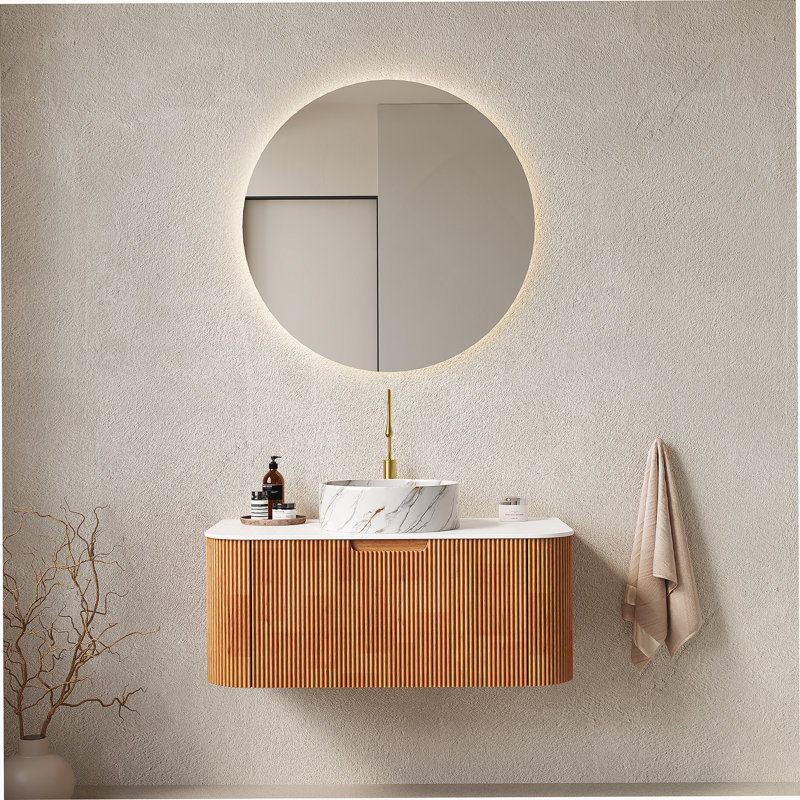 Meuble-lavabo de salle de bain 36 po avec lavabo, meuble de rangement mural à bordures courbées et flottantes avec tiroir, lavabo rond en céramique blanc avec motif de pierre, pré-assemblé, couleur grain de bois Natura