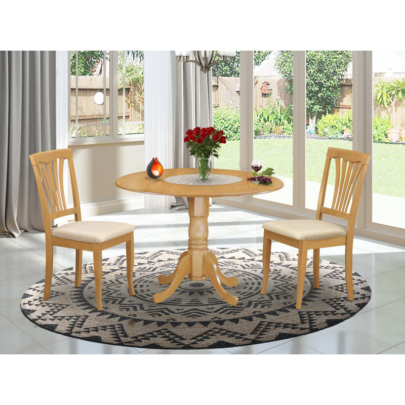 3 Piece Dining Set Contains a Round Dining Table with Dropleaf and 2 Linen Fabric Kitchen Room Chairs, Oak
