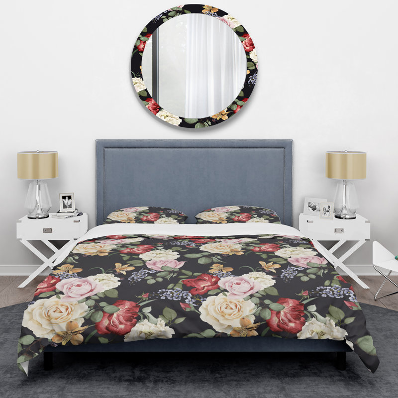 Roses colorées et feuille verte - Ensemble de housse de couette Cabin & Lodge