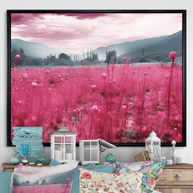 «Fushia Blooming Abstraction III», reproduction sur toile, Cadre flottant noir, 30" H x 40" W