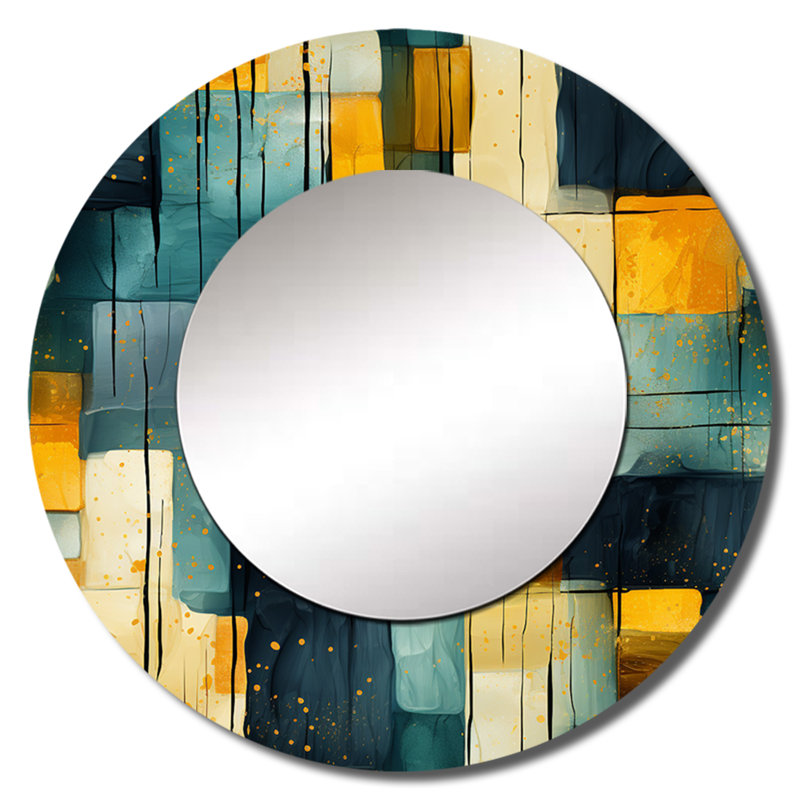 Jaune et bleu sarcelle abstrait géométrique Fusion - miroir décoratif géométrique, miroir mural rond jaune, impression sur métal