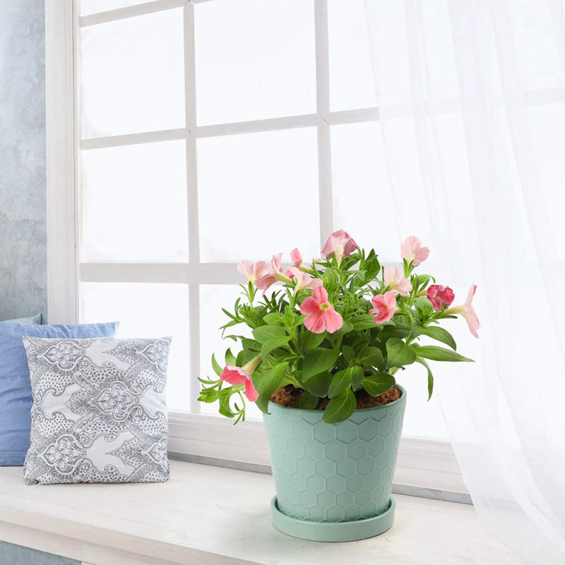 Ensemble de 4 pots de fleurs en céramique avec plateau de 5 pouces, Vert menthe