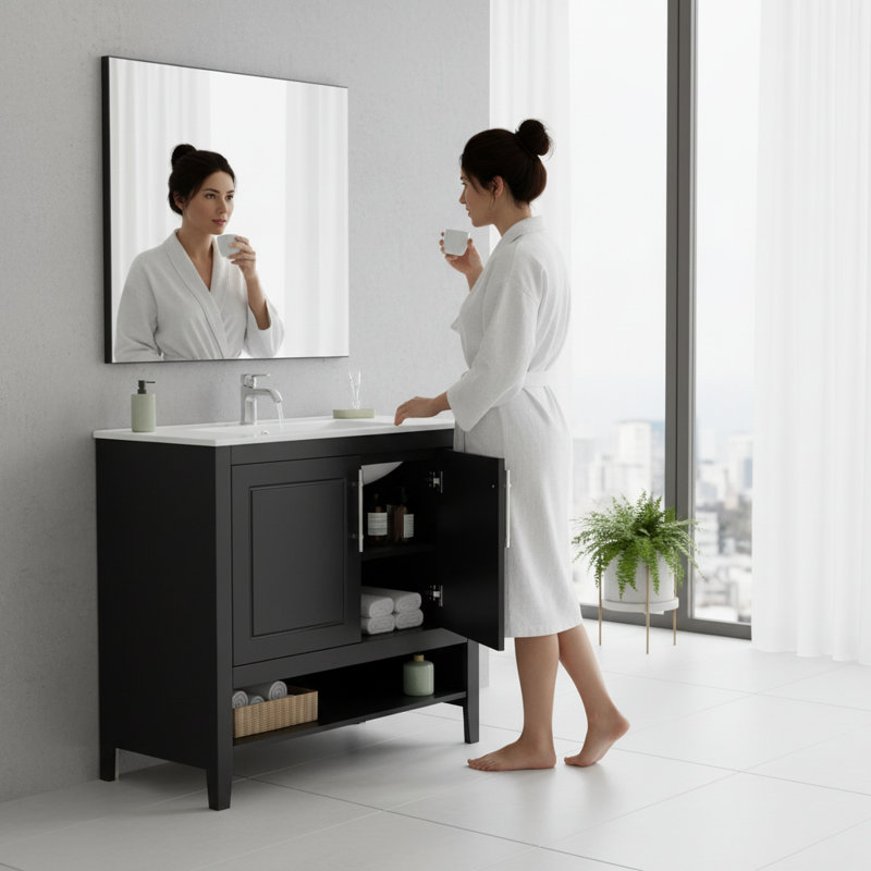 Meuble-lavabo noir 36 po avec lavabo et rangement en céramique