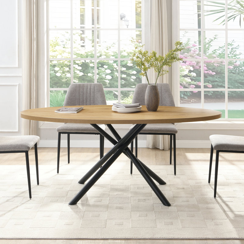 Modern Oval Dining Table with Wood Top and Black X-Leg Metal Base, OAK