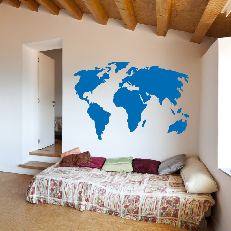 Décalcomanie murale carte du monde, H 22 po x l 32 po x P 0,01 po, Bleu azur