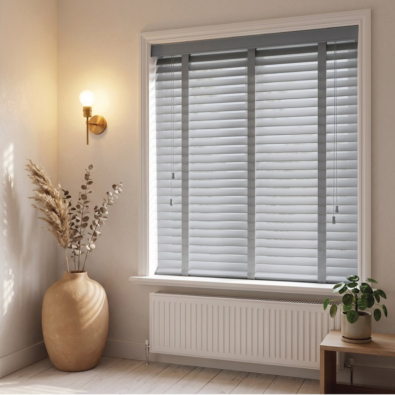 Faux Wood Venetian Blinds with Fabric Tape, Moisture-Resistant Horizontal Slats & Cord Control for Windows, Grey