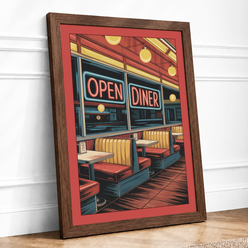 Neon Diner Glow Retro - Framed Print, A3 - 42.0 x 29.7 cm, Walnut