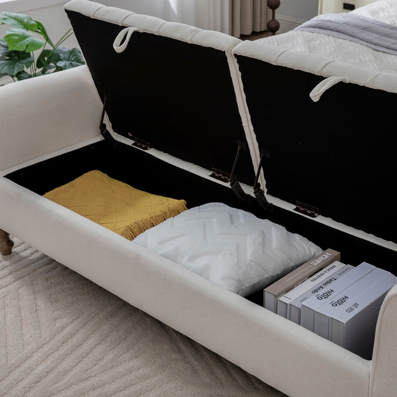 Banc de rangement moderne rembourré de 65,75 pouces de large avec couvercle double, Beige