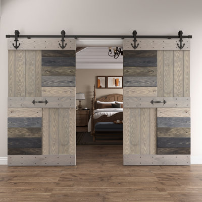 S Series Embossing DIY Knotty Pine Wood Double Sliding Barn Door with Hardware Kit