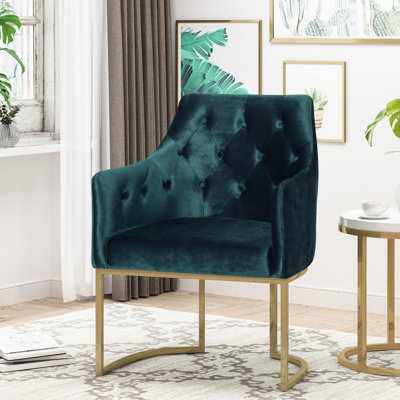 Chaise d'appoint tendance au look moderne, bleu sarcelle, base en fer robuste élégante avec accents dorés, revêtement en velours, structure