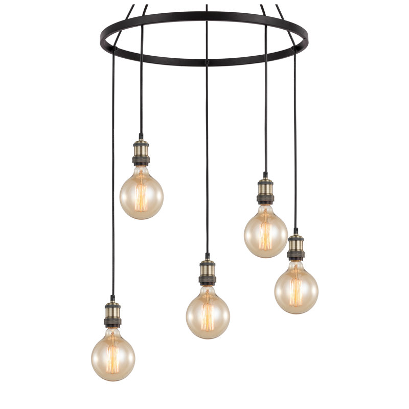 Lustre à 5 lumières avec détails en bois Pinnix, Laiton antique / Bronze