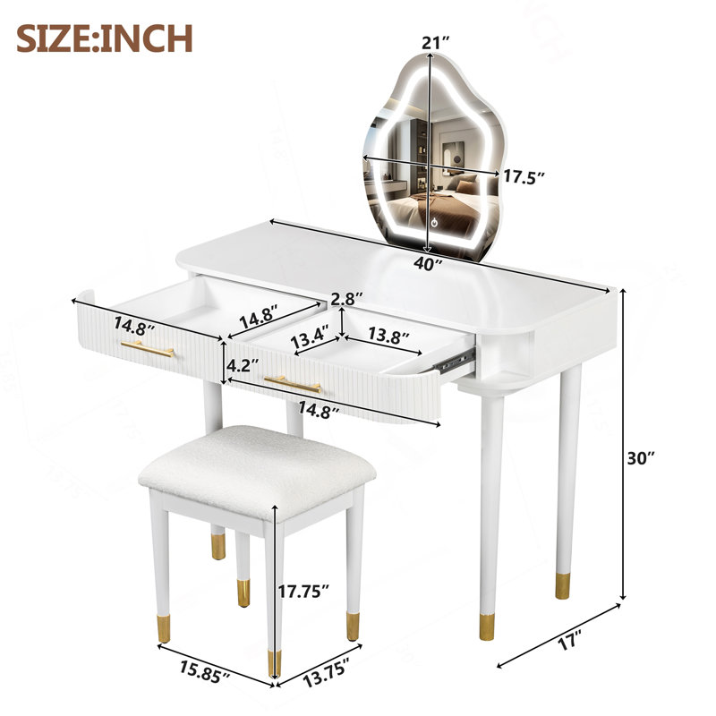 40" Modern Vanity Table Set With Mirror Touch Screen Lighted Mirror, Dressing Table And Cushioned Stool Set With 2 Large Drawers, White
