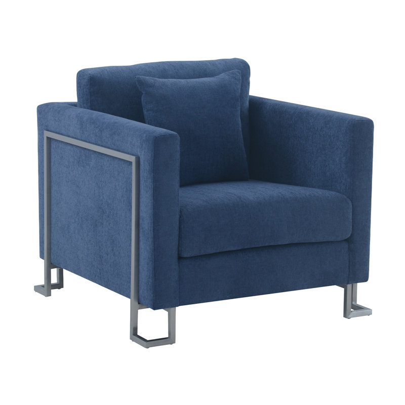 Euda Fabric Upholstered Accent Chair with Brushed Stainless Steel Legs, Blue Polyester