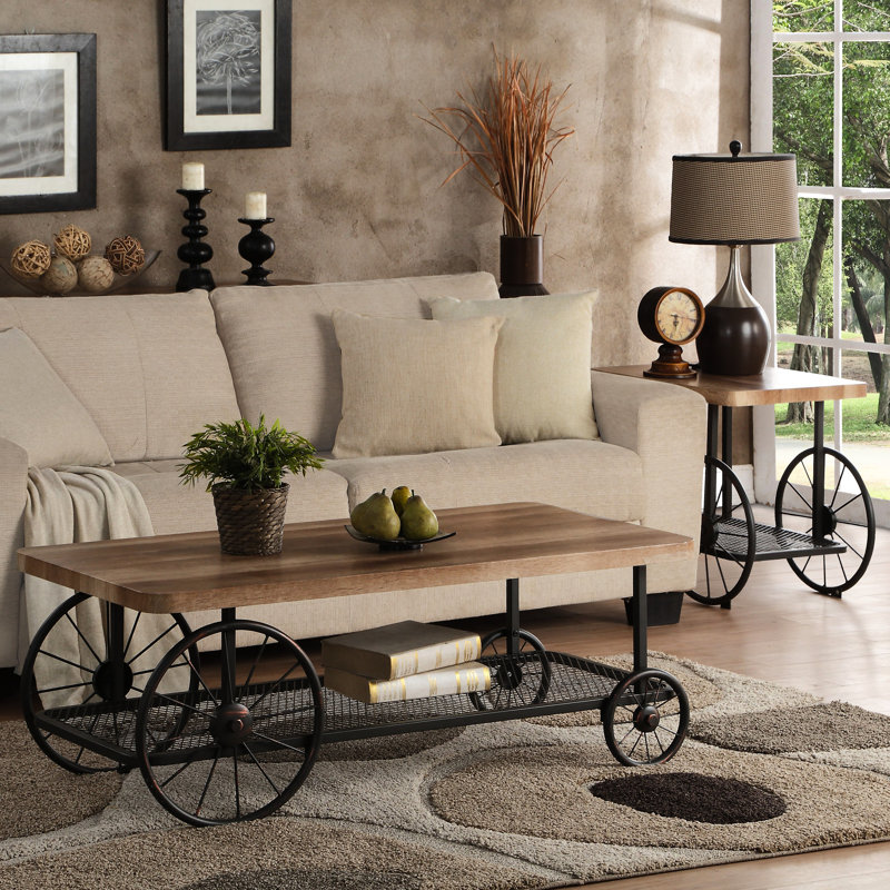 Table de bout rectangulaire industrielle avec plateau en chêne et gris antique, roulettes pour les activités artisanales