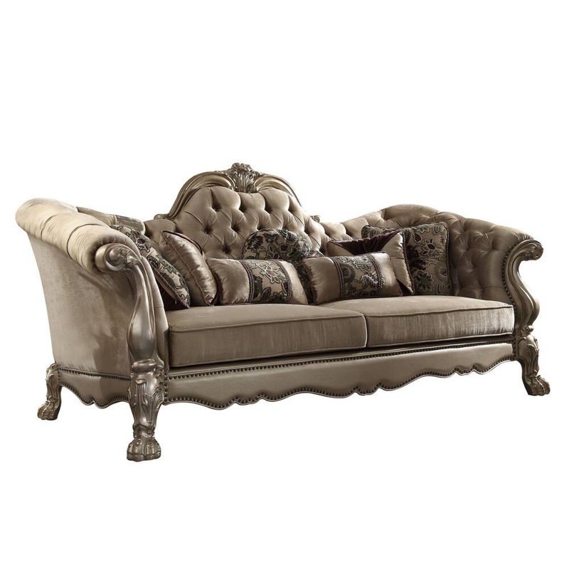 Canapé Gracie Mills 96 po en velours couleur os et coussins décoratifs avec pattes dorées
