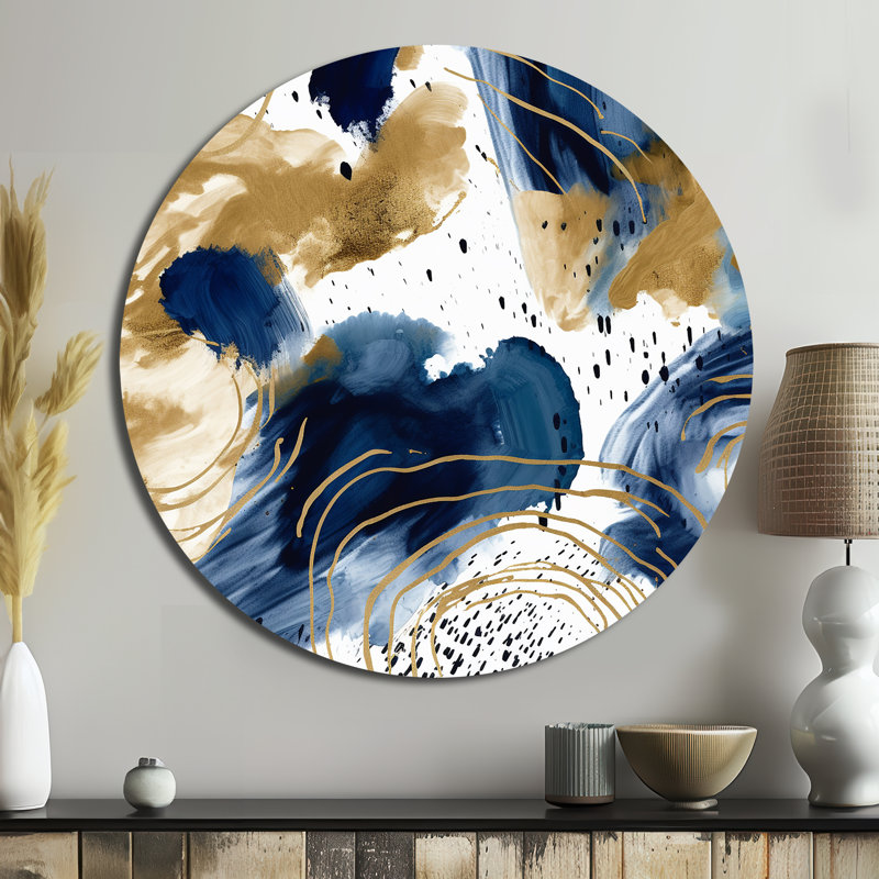 Motif abstrait avec textures bleues et dorées II - Art abstrait rond en métal, H 36 po x l 36 po