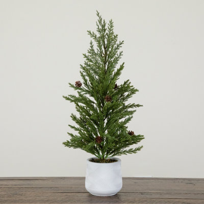 20in. Artificial Christmas Cedar Pine Tree with Pinecones in White Ceramic Planter