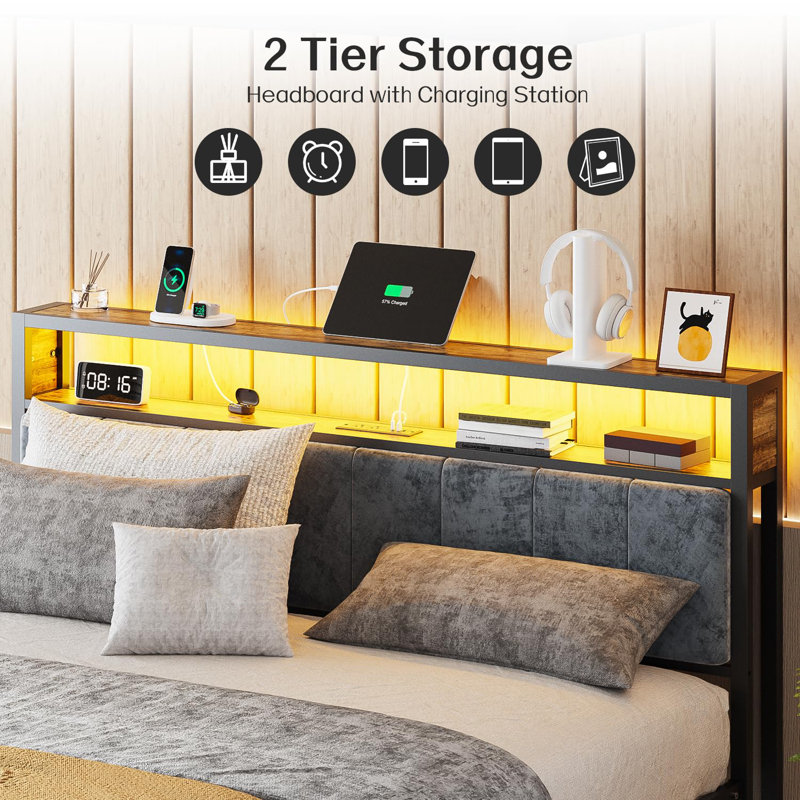 Queen Metal Platform Bed with LED Light Headboard and Storage