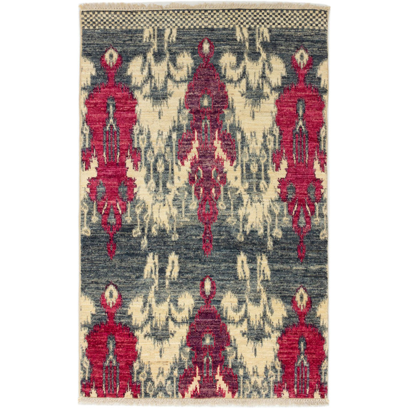 Tapis unique en laine noué à la main gris et rouge des années 2010 de 3 pi 11 po x 6 pi 2 po Kap