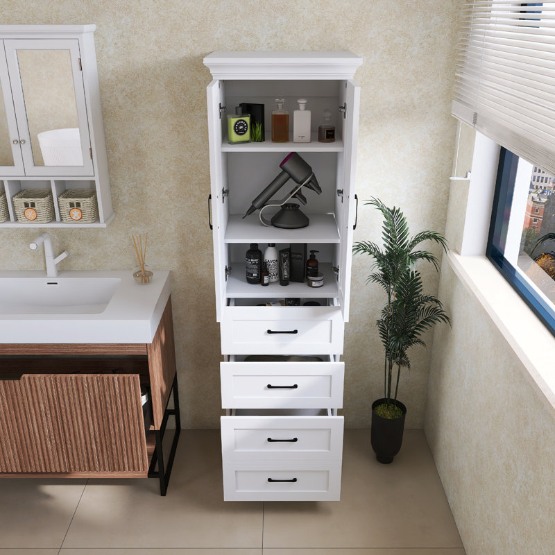 Meuble-lavabo autoportant avec 2 portes à charnières, 3 tiroirs, tablettes réglables, poignées en fer noir, stratifié PB durable et panneau de fibres à densité moyenne