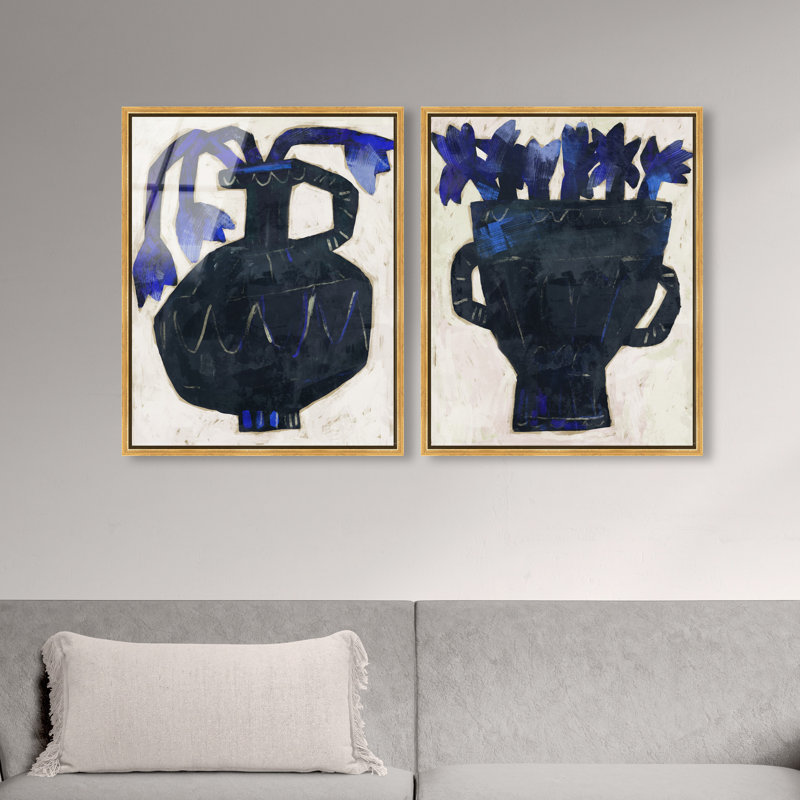 Indigo Vases Set Set by Oliver Gal, 50"H x 42"W, Gold Floater Frame