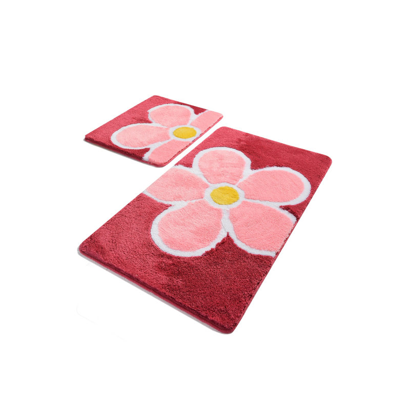 Floral 2 Piece Bath Rug Set, Pink/Red