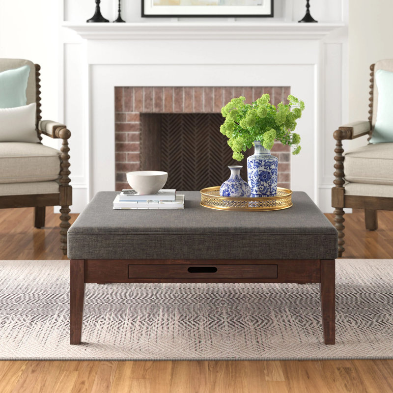 Kangley Upholstered Ottoman, Dark Gray Linen