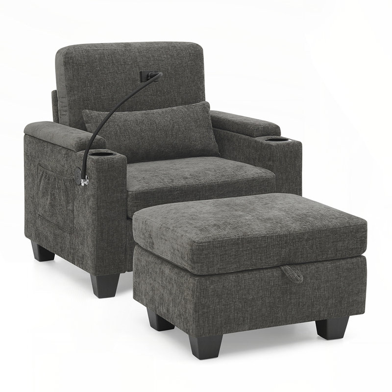 Single sofa recliner with manually adjustable backrest, USB charging port on the armrest side, and a matching storage ottoman