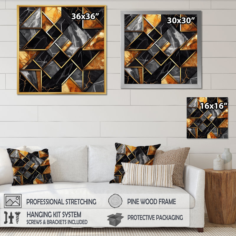 Marbre granit agate avec des touches d'or, Cadre flottant noir, H 16 po x l 16 po x P 1 po