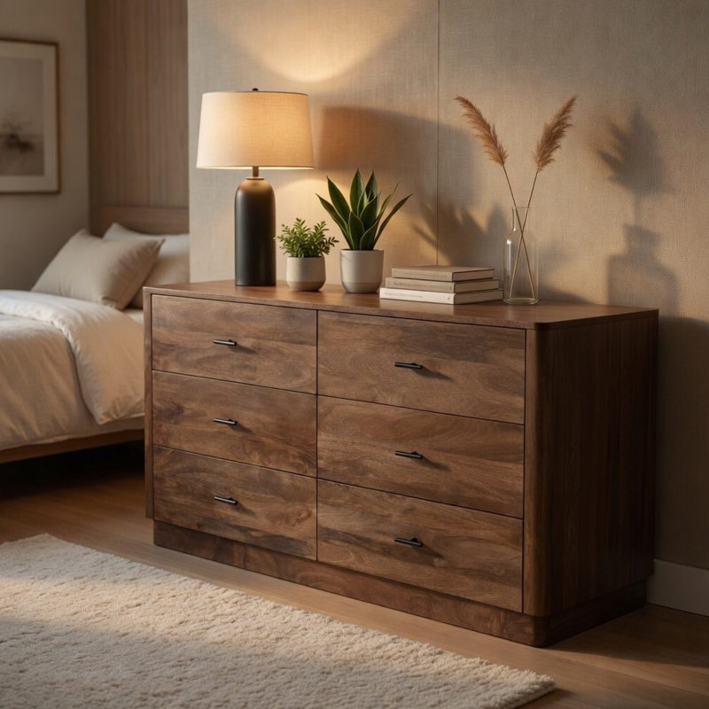 Commode 6 tiroirs Tao, bois de manguier, finition noyer, 60 po