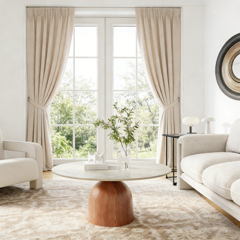 Meranda 35" Travertine Textured Round Coffee Table With Solid Wood Base, Sturdy Living Room Center Table For Small Space & Family Room
