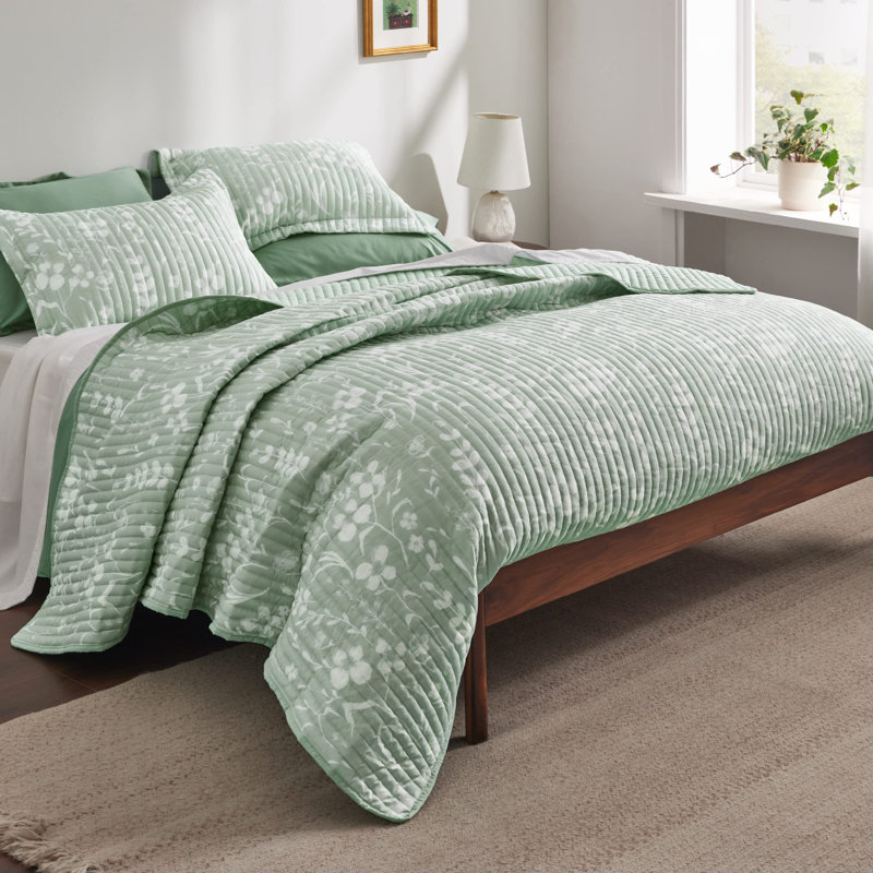 Ensemble de courtepointe Floral - Ensemble de literie réversible vert menthe et botanique, très grand, Motif floral vert