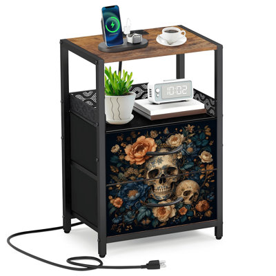 Table de chevet 2 tiroirs en tissu avec station de charge Crâne floral foncé Botanique gothique foncé Table de chevet avec ports USB