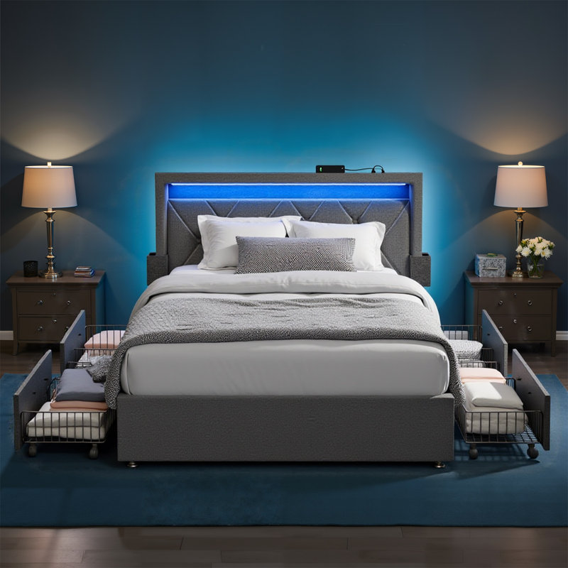 Lit avec tête de lit tapissier réglable et 4 tiroirs, 1 port USB et 1 port de type C, Simple, Gris foncé