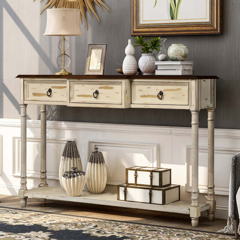 Canapé console Siddharth avec tiroirs pour hall d'entrée avec tiroirs et longue tablette, Beige