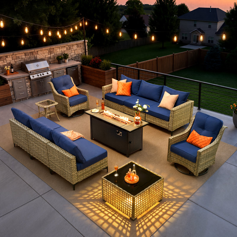 Emroy 8 - Person Wicker/Rattan Sectional Seating Group with Lighted Coffee Table and Swivel Chairs, All Weather Modular Outdoor Conversation Set with Cushions
