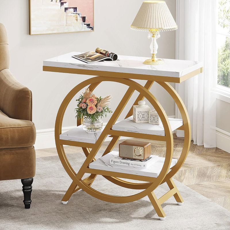 Table de bout moderne à 3 niveaux en faux marbre moderne avec rangement, structure en métal doré pour petits espaces et décor contemporain