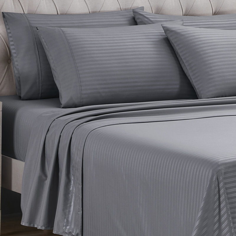 Ensemble de draps 6 pièces Dobby, Ensemble de draps pour grand lit avec 4 taies d'or, Rayures argent