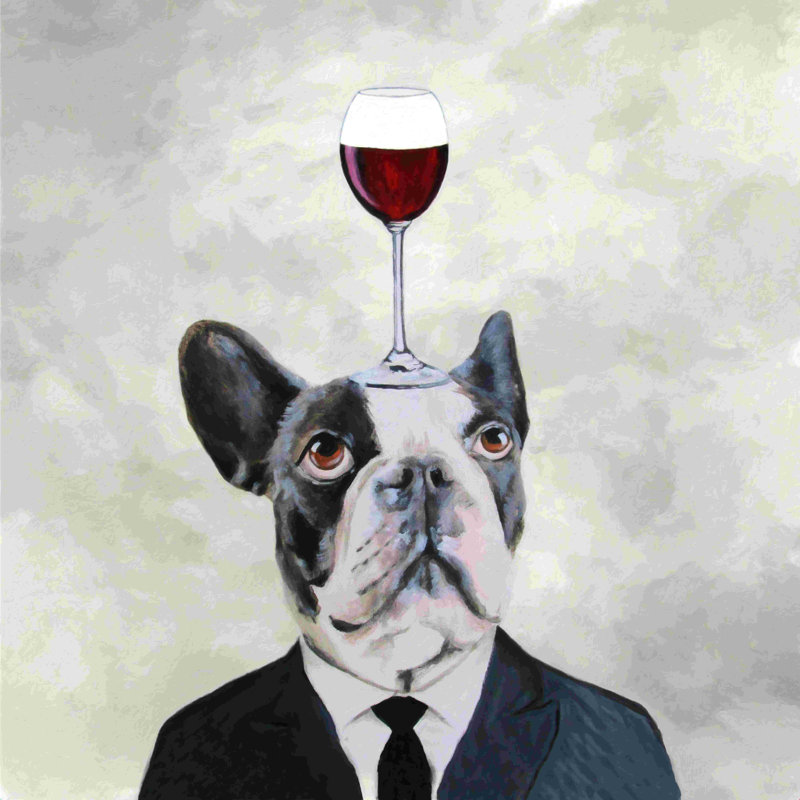 Bulldog avec verre à vin - peinture sur toile tendue, H 12 po x l 12 po, Toile tendue, Non
