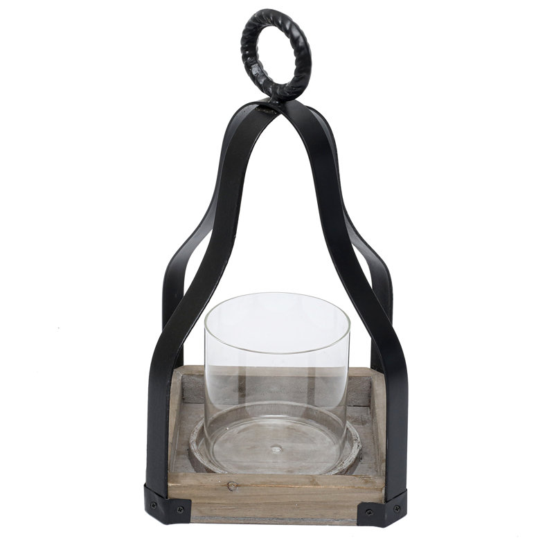 13" Rustic Wood And Metal Candle Lantern