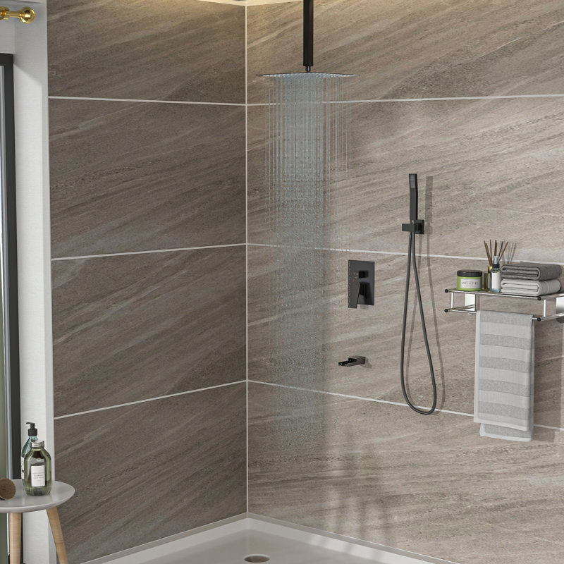 Oil Rubber Bronze Shower Collection - 12" Ceiling Mount Waterfall Tub Spout 3 Function Rainfall & Handheld Showers -Balanced Valve Easy Installation Sanitary Assurance System With 12 Inch Cleanliness