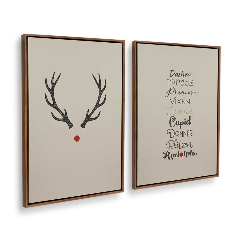 Reindeer Roll Call, ensemble de 2 impressions sur toile, H 12 po x l 18 po, Impression encadrée sans passe-partout, Noyer
