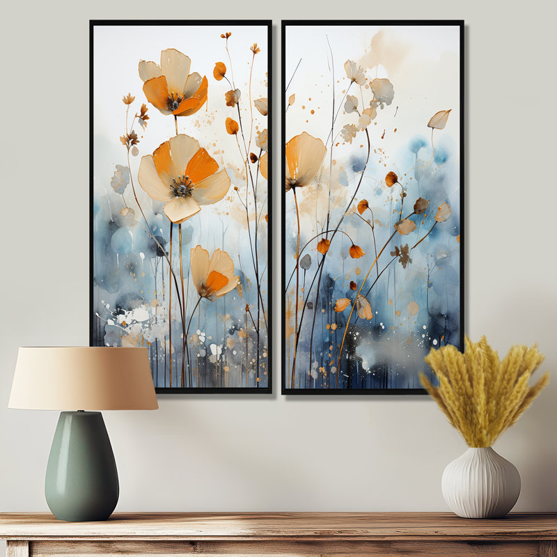 "Orange Bute", art botanique abstrait sur toile 2 pièces, H 40 po x l 40 po, Reproduction encadrée sans passe-partout, Noir