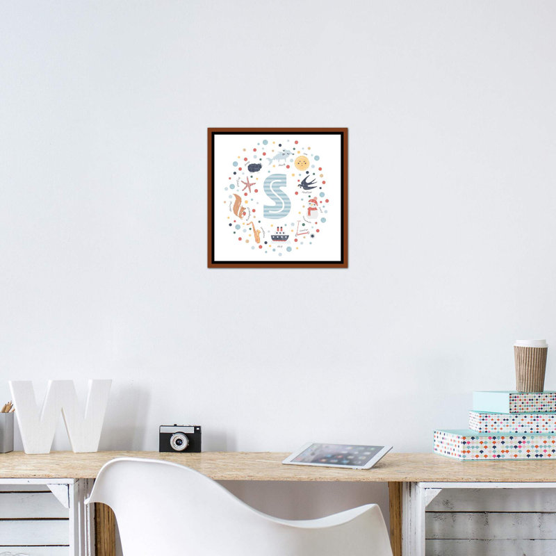 Lettre illustrée bleue - reproduction, Toile avec cadre brun, Pas de tapis, H 18 po x l 18 po x 1,5 po