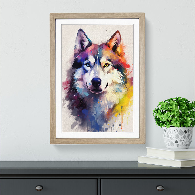 Husky Gestural - Single Picture Frame Print on Wood, Oak, 46cm H x 34cm W x 2cm D