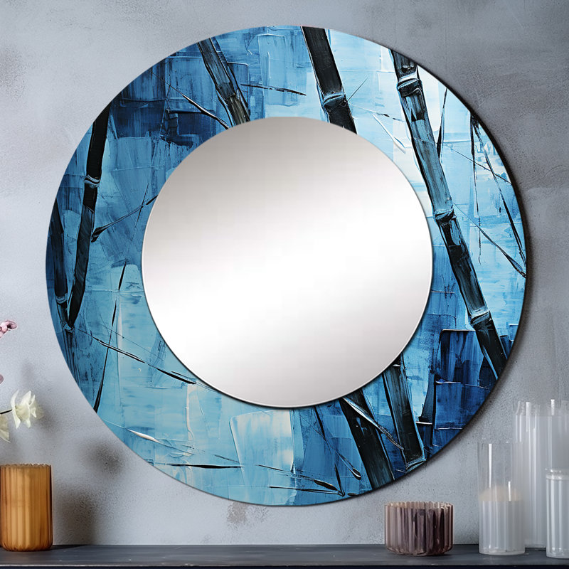 Safila Serenity In Wild Blue Bamboo III - miroir décoratif en bambou, miroir mural rond bleu, impression d'art en métal
